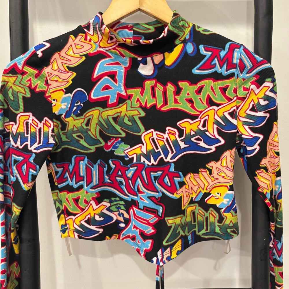 Y2K Graffiti Print Long Sleeve Crop Top - Just Polly NY - Streetwear Clubwear M - Picture 4 of 5